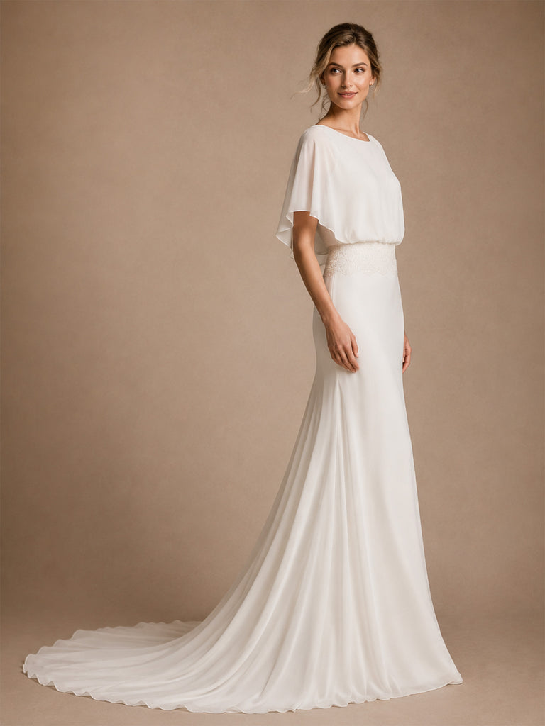 ChicSew Elegant Boat Neck Mermaid Flutter Sleeves Floor-Length Chiffon Wedding Dresses With Lace