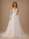 ChicSew Romantic Modern A-Line Spaghetti Straps Lace Tulle Maxi Long Wedding Dresses With Detachable Bell Sleeves