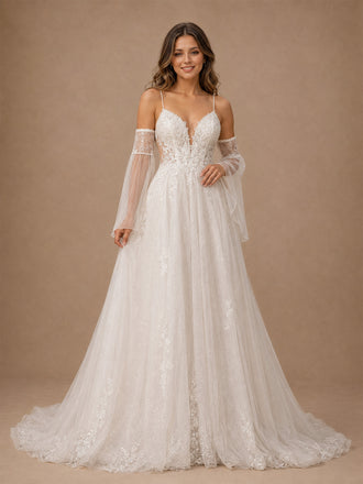 ChicSew Romantic Modern A-Line Spaghetti Straps Lace Tulle Maxi Long Wedding Dresses With Detachable Bell Sleeves