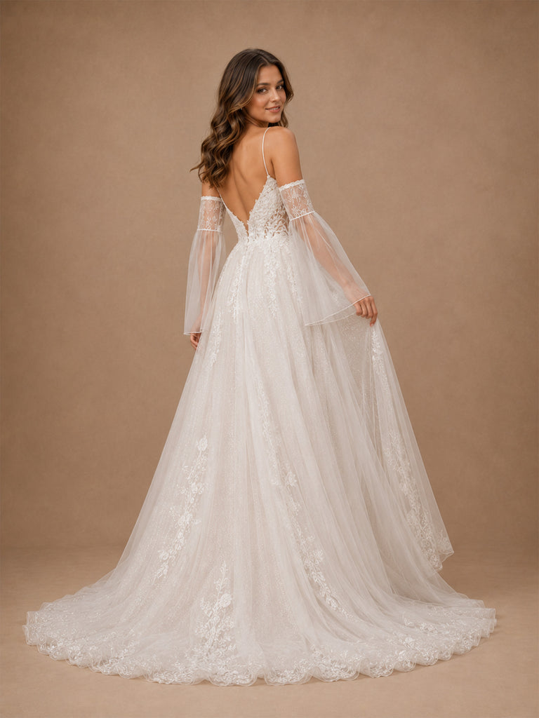 ChicSew Romantic Modern A-Line Spaghetti Straps Lace Tulle Maxi Long Wedding Dresses With Detachable Bell Sleeves
