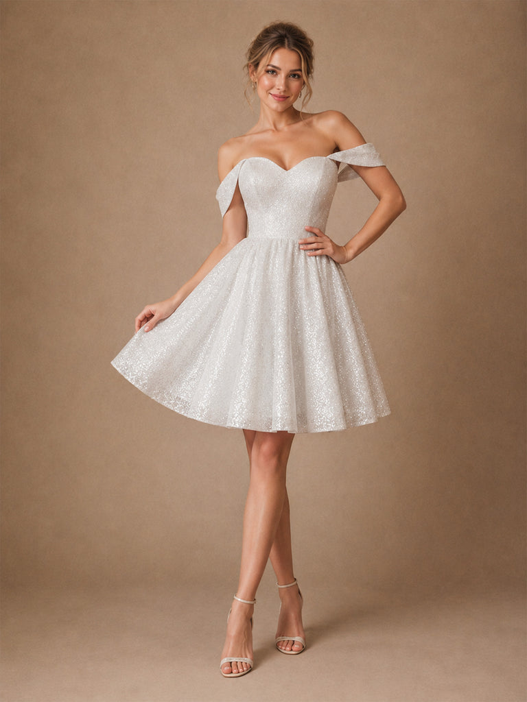 ChicSew Fancy Off The Shoulder A-Line Glitter Tulle Mini Wedding Dresses