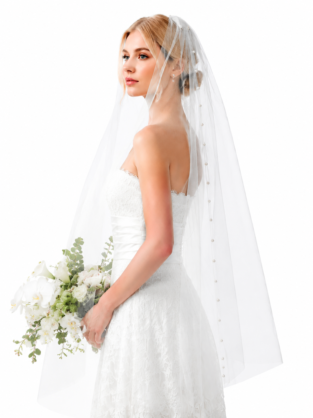 Elegant Simple Floral Pearls Long Bridal Veil, V64