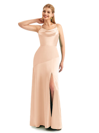 Scoop Neck Spaghetti Straps Satin Bridesmaid Dress Pleats