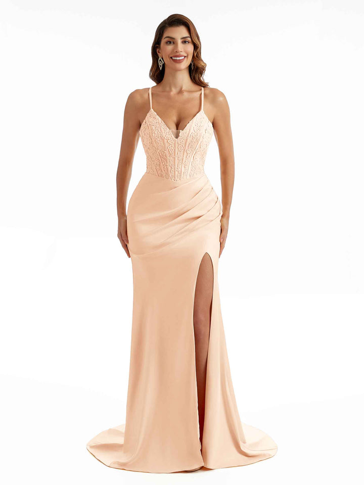 Sexy Side Split Stretchy Satin Lace Top Trendy Maxi Mermaid Bridesmaid Dresses Online
