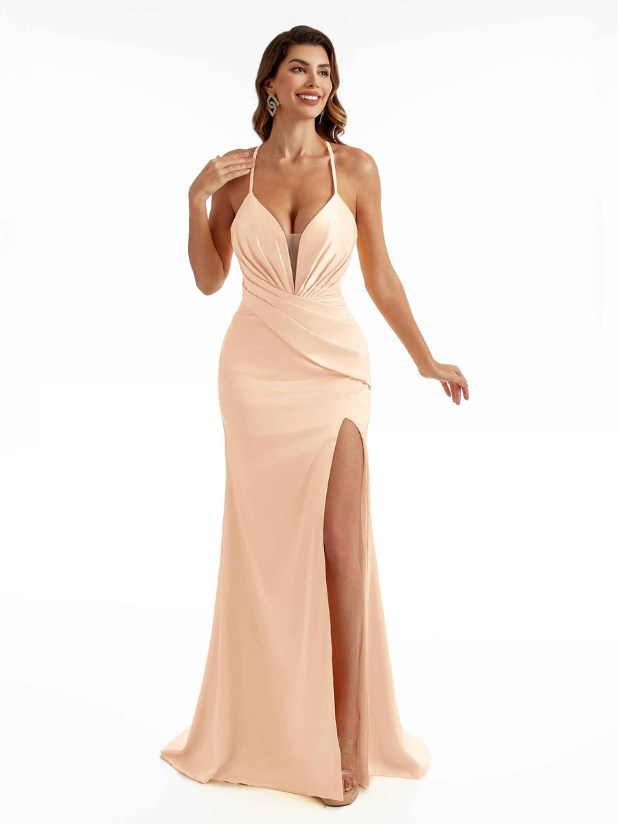 Sexy Side Split Spaghetti Straps Back Criss Cross Mermaid Satin Wedding Party Dresses