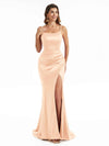 Sexy Side Split Spaghetti Straps Scoop Maxi Satin Maid of Honor Mermaid Dresses