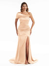 One Shoulder Sexy Stretchy Satin Side Slit Long Mermaid Bridesmaid Dresses Online