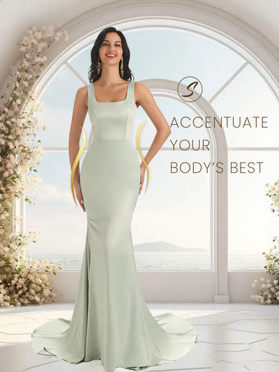 Soft Satin Unique Square Neckline Maxi Long Mermaid Bridesmaid Dresses