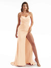 Sexy Side Split Mermaid Chic Criss Cross Spaghetti Straps Satin Wedding Guest Dresses