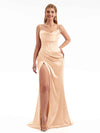 Sexy Side Split Spaghetti Straps Mermaid Silky Satin Pretty Long Bridesmaid Dresses
