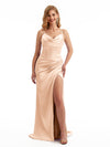 Spaghetti Straps Mermaid Silky Satin Side Split Long Ladies Wedding Guest Dresses