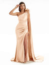 Sexy Side Split One Shoulder Mermaid Long Bridesmaid Dresses In Satin