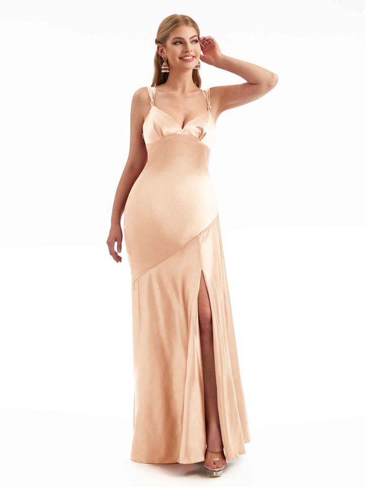 Chic Stretchy Satin Side Split Modern Maxi Mermaid Wedding Guest Dresses