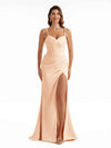 Sexy Side Split Stretchy Satin Spaghetti Straps Pleats Maxi Mermaid Bridesmaid Dresses