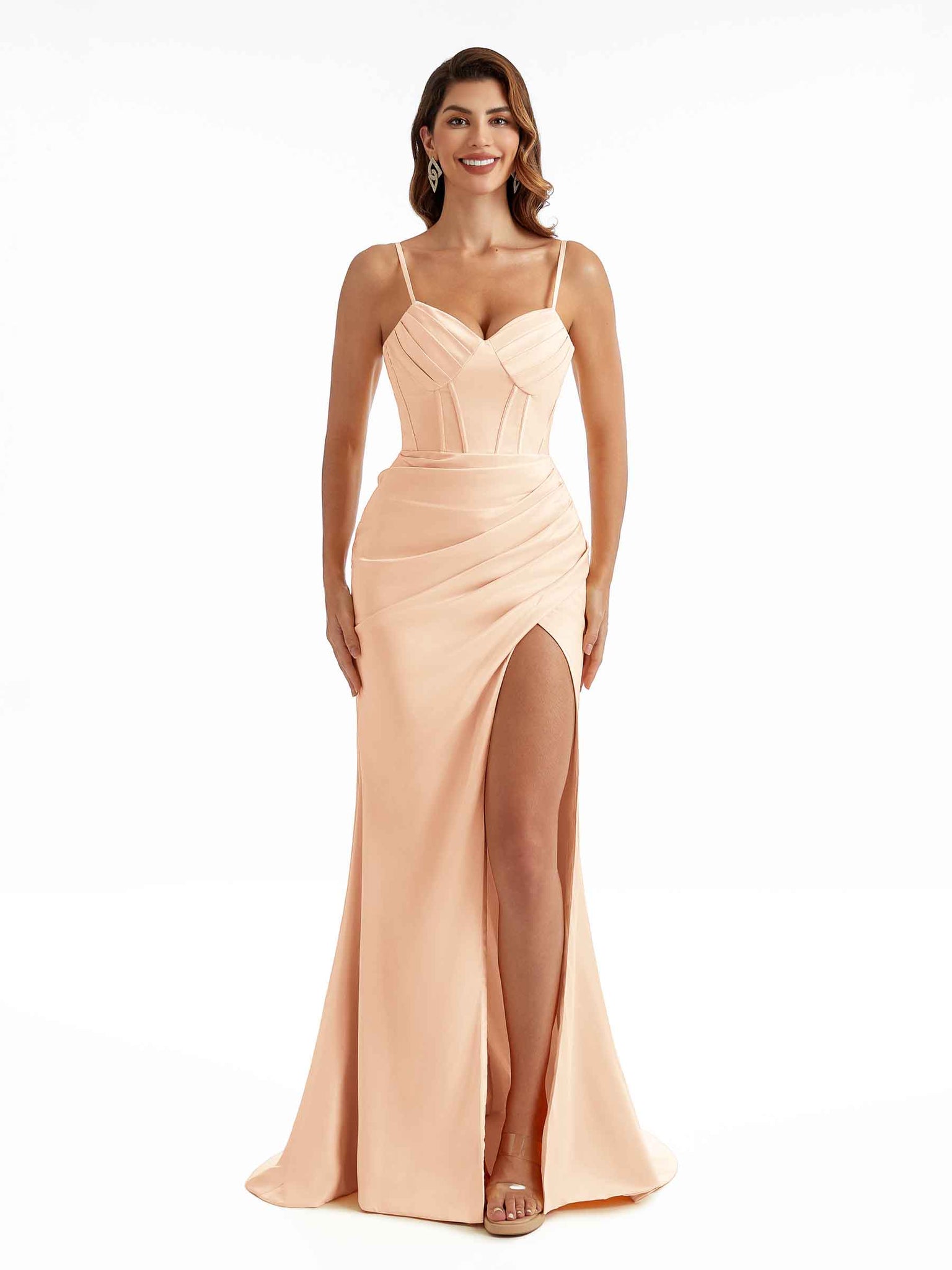 Sexy Side Split Stretchy Satin Spaghetti Straps Pleats Maxi Mermaid Bridesmaid Dresses