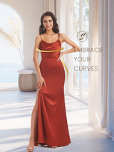 Sexy Side Slit Soft Satin Spaghetti Straps Mermaid Bridesmaid Dresses in stock
