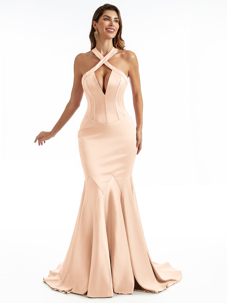 Sexy Mermaid Halter Long Silky Satin Unique Formal Bridesmaid Dresses Online