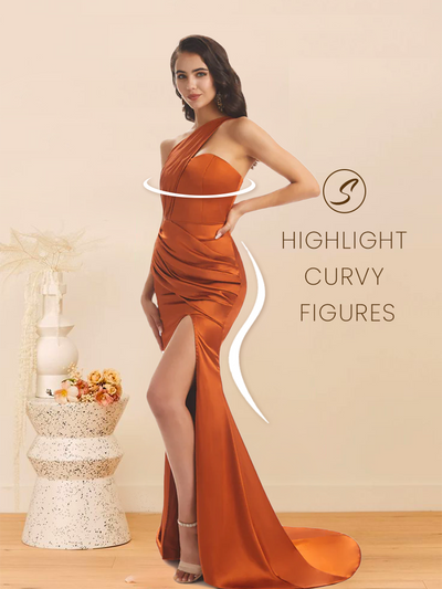 Sexy Soft Satin Side Slit One Shoulder Long Maxi Mermaid Bridesmaid Dresses