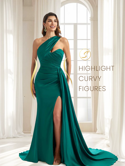 Sexy Side Split One Shoulder Mermaid Silky Satin Chic Long Bridesmaid Dresses Online