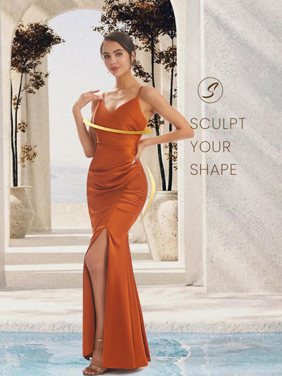 Sexy Spaghetti Straps Soft Satin Pleats Side Slit Mermaid Long Bridesmaid Dresses