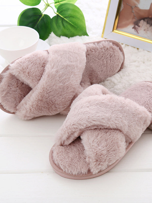 Women’s Cross Band Fuzzy Slippers Plush Furry House Slippers