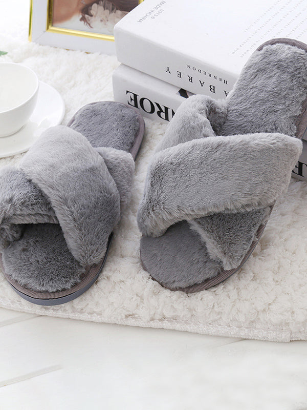 Women's Cross Band Fuzzy Slippers Plush Furry House Slippers Bridesmaid Slippers