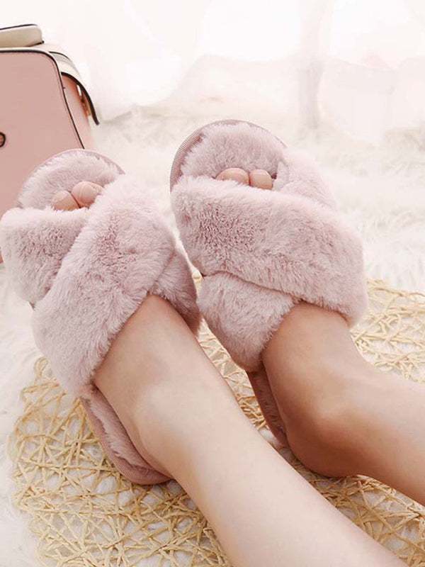 Women Faux Fur House Slippers Shoes Winter Furry Plush Flat