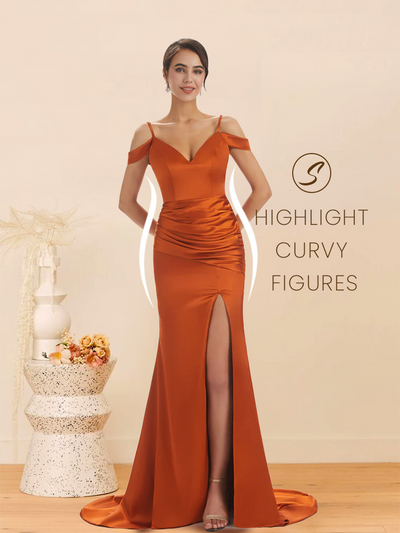 Sexy Cold Shoulder Soft Satin Side Split Long Mermaid Bridesmaid Dresses