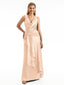 V-Neck Ruffles Long Bridesmaid Dress Soft Satin