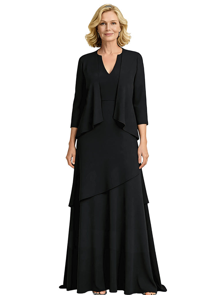 Elegant V-neck 3/4 Sleeves A-line Chiffon Long Mother of the Brides Dresses