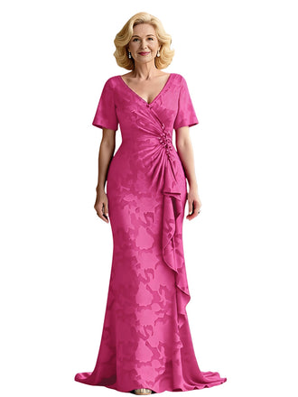 Elegant Chiffon V-neck Short Sleeves Mermaid Mother of The Bride Dresses