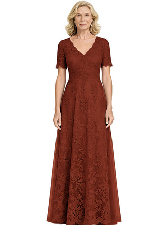 Elegant V-neck Short Sleeves A-line Chiffon Lace Mother of the Brides Dresses