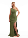 Simple Side Split One Shoulder Stretchy Crepe Long Formal Bridesmaid Dresses