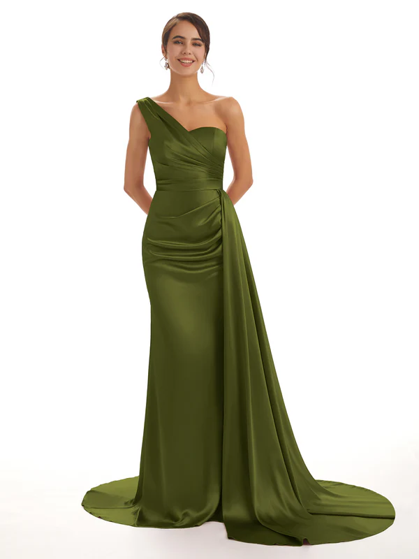 Elegant One Shoulder Soft Satin Pleats Mermaid Long Bridesmaid Dresses Online In Stock