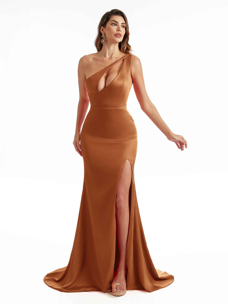 Sexy Soft Satin Side Slit One Shoulder Mermaid Floor Length Wedding Bridesmaid Dresses Online