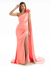 Elegant  Side Slit One Shoulder Mermaid Long  Dresses In Satin