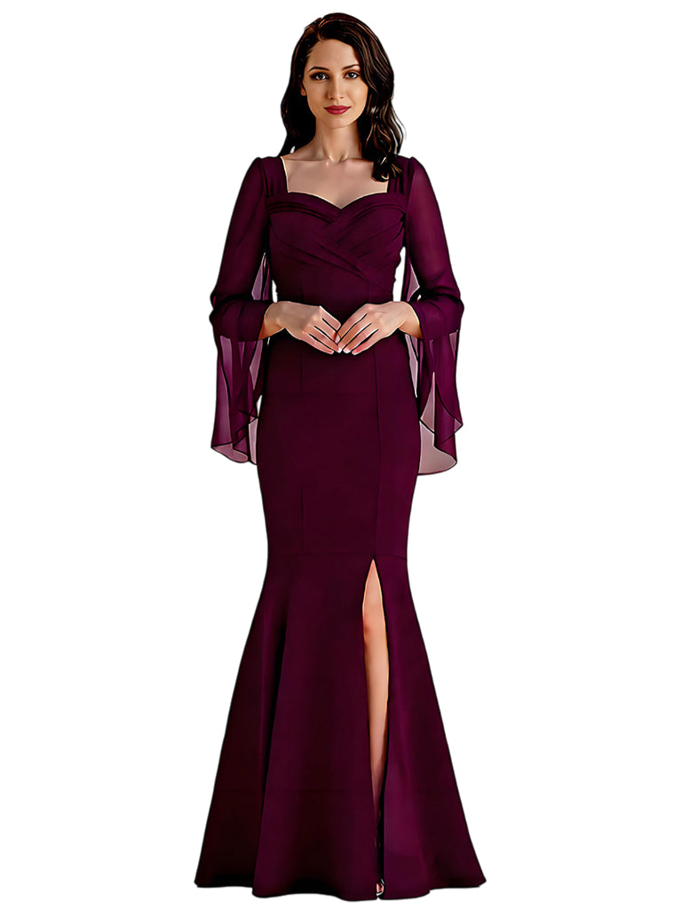 Elegant Sweetheart Long Flutter Sleeve Mermaid Split Crepe Mother Of The Bride Dresses