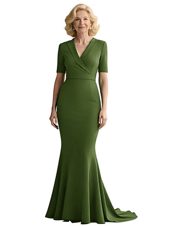 Elegant Mermaid V-neck Crepe Short Sleeves Long Mother of the Brides Dresses