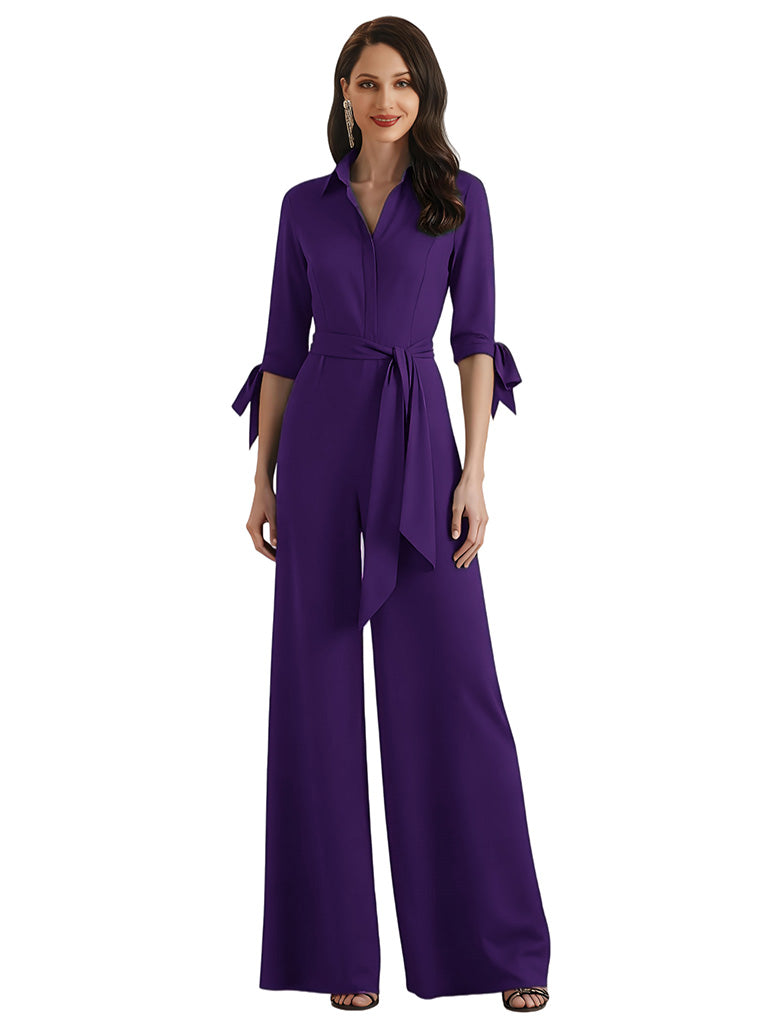 Elegant Chiffon V-neck Half Sleeves Long Mother of The Bride Pantsuits