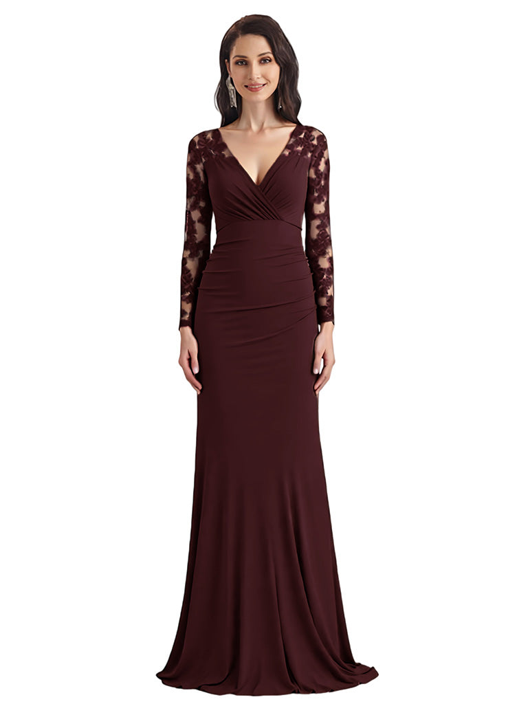 Elegant Mermaid V-neck Chiffon Long Sleeves Maxi Mother of the Brides Dresses