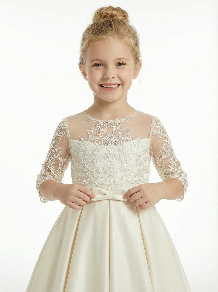 3/4  Sleeve Lace Flower Girl Dress, Satin Ball Gown Silhouette , Illusion-Neck Bodice