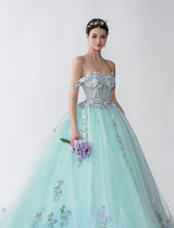 Floral A-line Mint Off Shoulder Maxi Long Party Prom Dresses, Evening Dresses