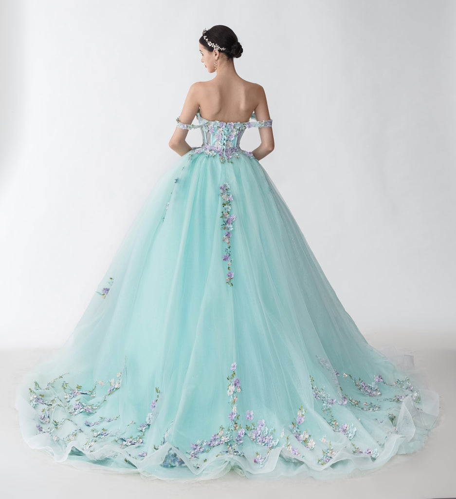 Floral A-line Mint Off Shoulder Maxi Long Party Prom Dresses, Evening Dresses