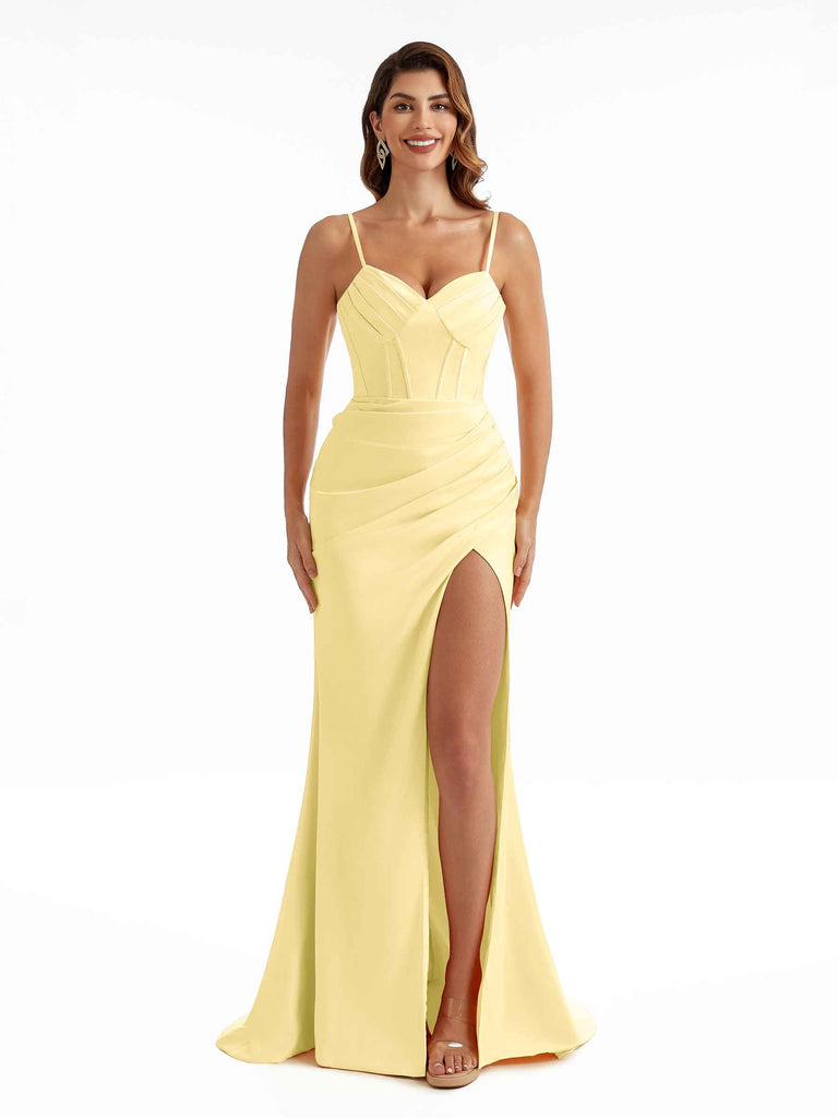 Sexy Side Slit Soft Satin Spaghetti Straps Pleats Long Mermaid Bridesmaid Dresses