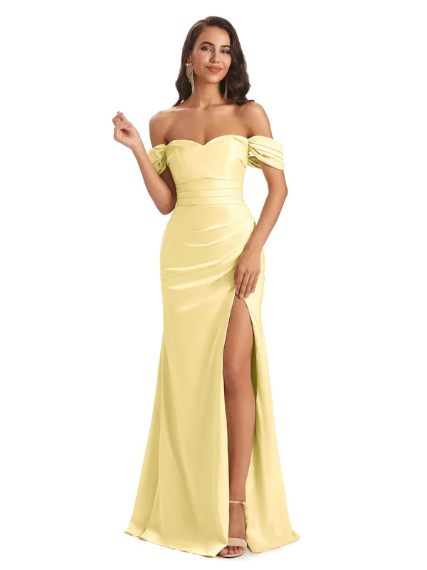 Sexy Off-Shoulder Sweetheart Soft Satin Side Slit Mermaid Floor Length Long Bridesmaid Dresses In Stock