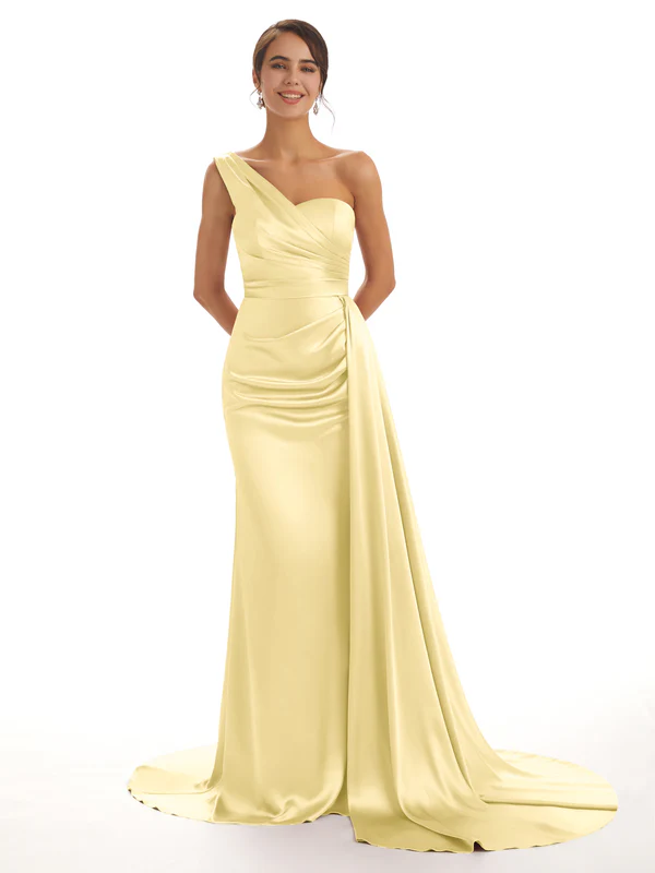 Elegant One Shoulder Soft Satin Pleats Mermaid Long Bridesmaid Dresses Online In Stock