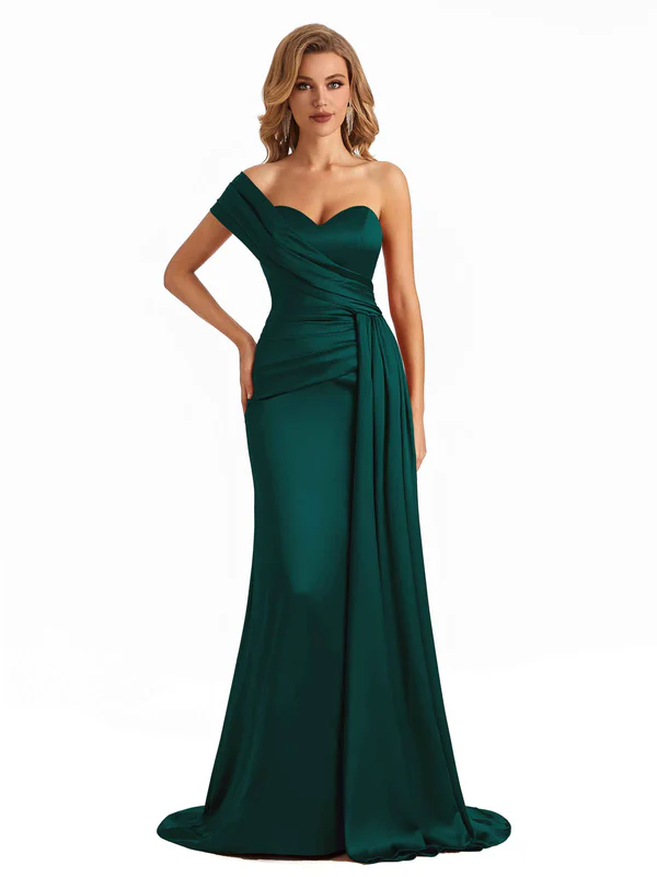 Elegant One Shoulder Soft Satin Long Mermaid Bridesmaid Dresses Online In Stock