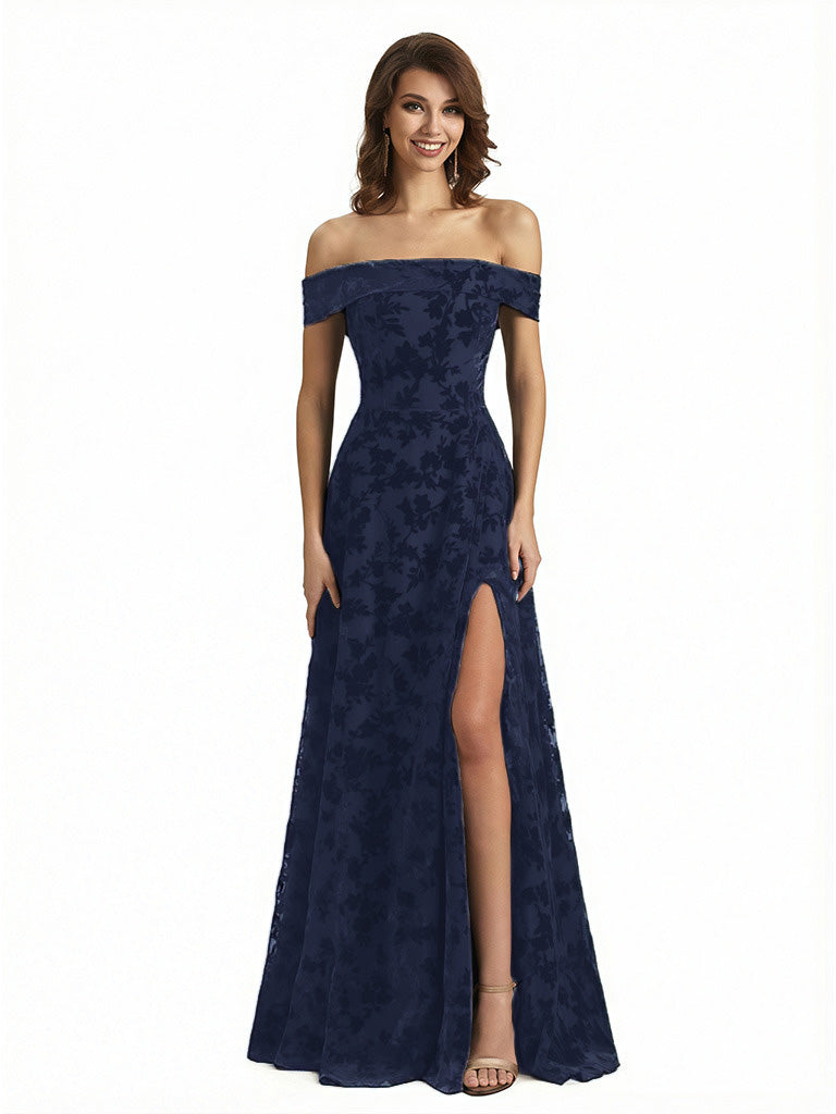 Elegant Floral Burnout Velvet Off The Shoulder Side Slit A-Line Long Formal Evening Gown Dresses