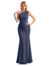 Sexy One Shoulder Mermaid Glitter Jersey Maxi Formal Evening Dresses For Women With Side Slit