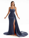 Simple Soft Satin Side Slit Spaghetti Straps Long Mermaid Bridesmaid Dresses Online